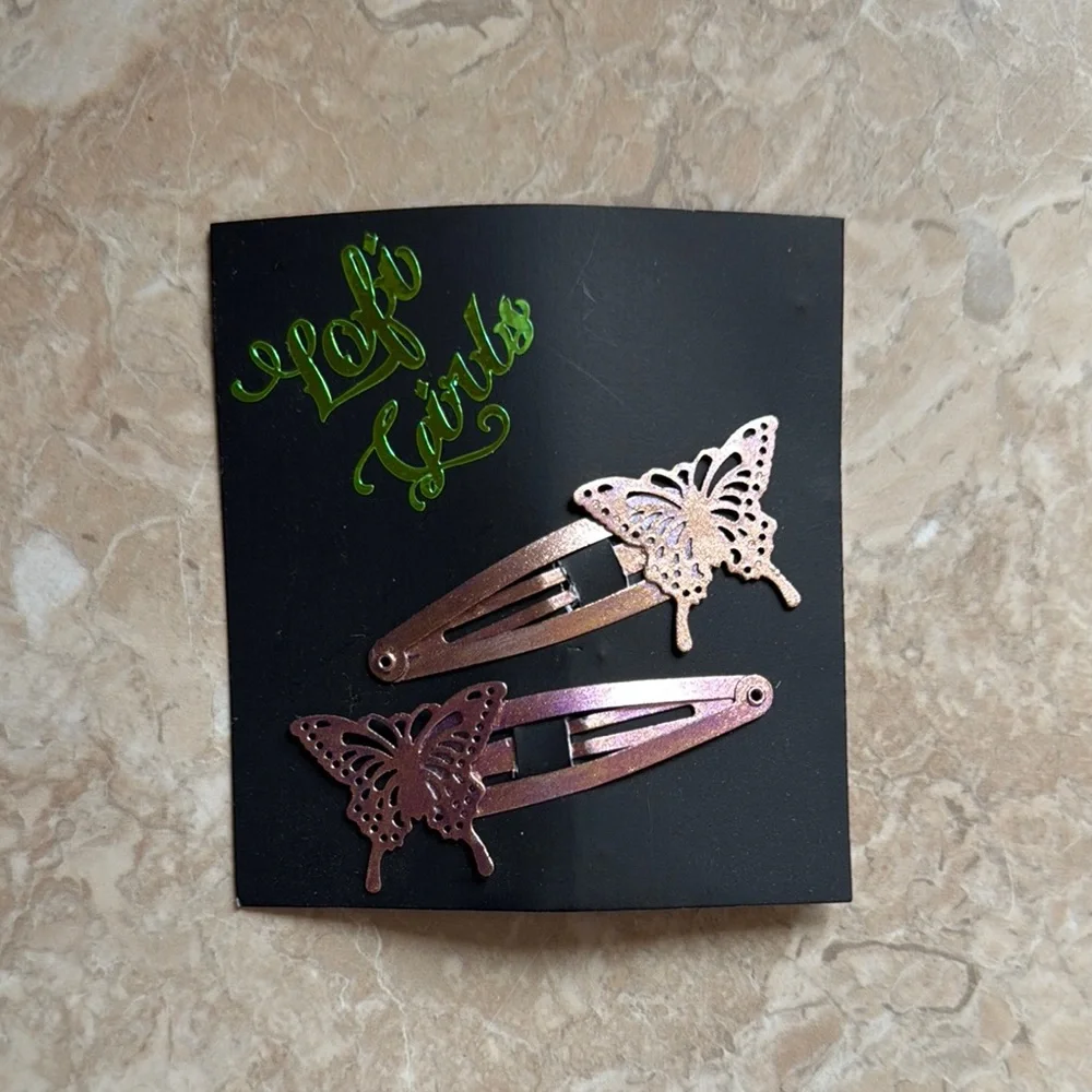 Lofi Girls Metallic Bronze Copper Purple Butterfly Hair Clips 2 Pack New